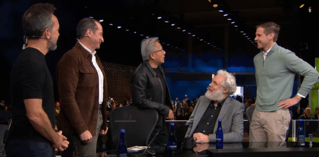 Jensen Huang at the NVIDIA GTC pre game featuring Infleqtion's Matthew Kinsella