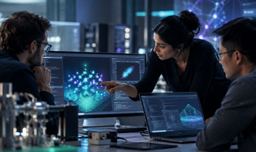 Developers review a quantum application on screen