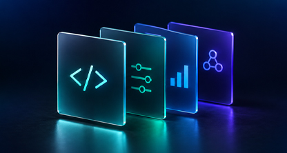 Glowing panels with code, settings, chart, and network icons