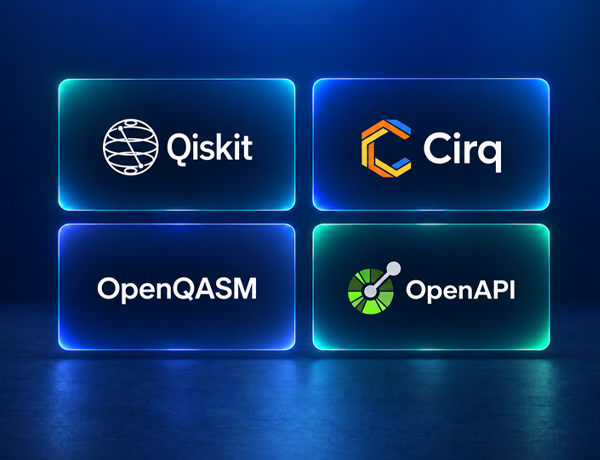 Qiskit, Cirq, OpenQASM, and OpenAPI logos on glowing tiles