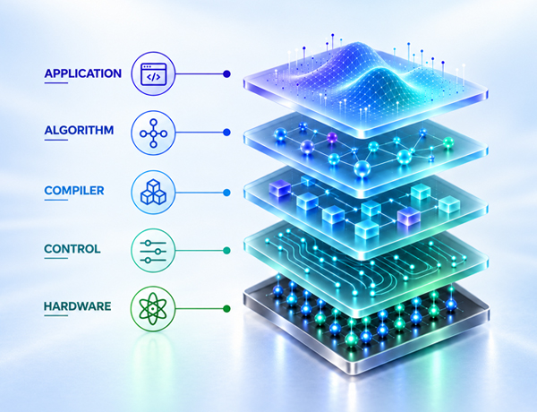 Stacked diagram representing application, algorithm, compiler, control, and hardware working together.