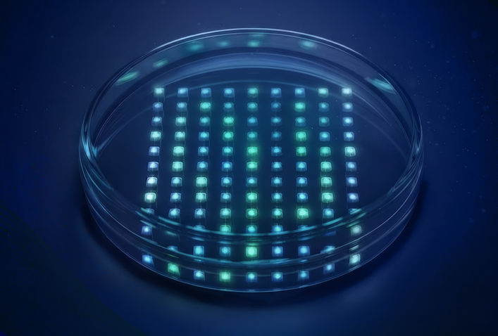 An array of illuminated dots in a grid pattern representing qubits are displayed in a petri dish.