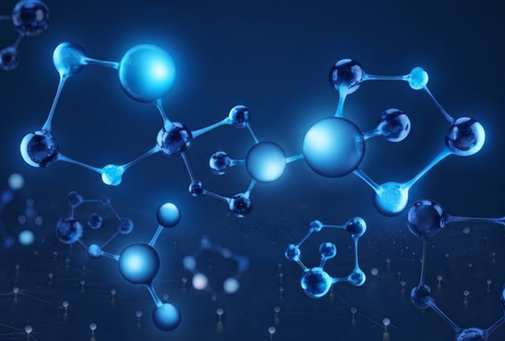 Molecules suspended in space, illuminated by light.