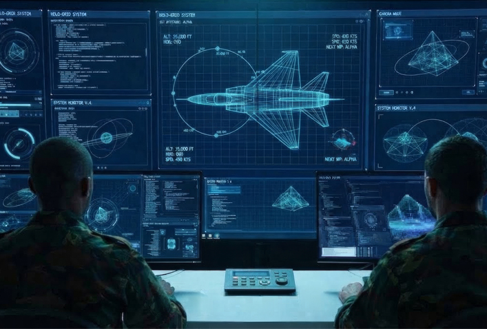 Military personnel sit at a command center with monitors displaying mission data.