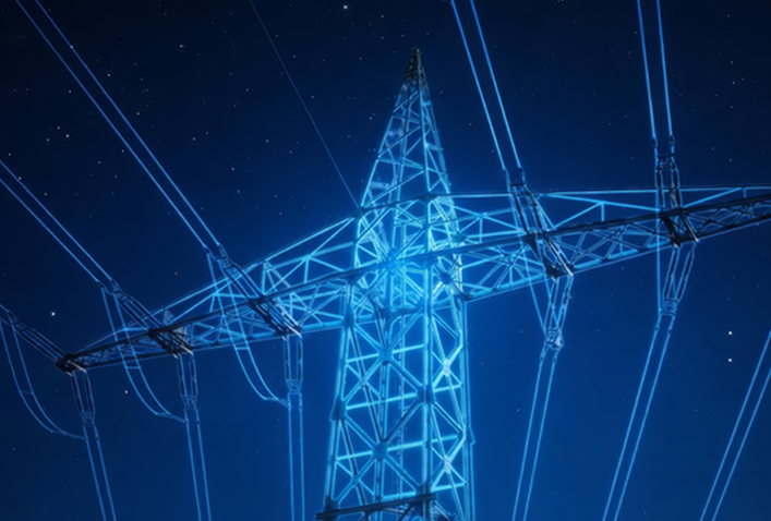 A power line structure illuminated in glowing blue light.
