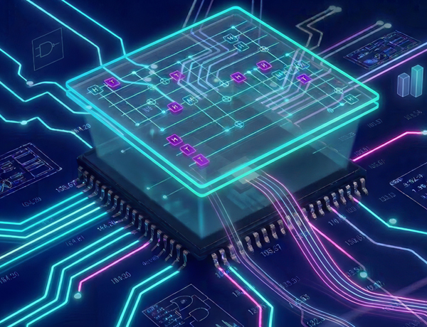 Lines of light connecting to a microprocessor representing integrated technology systems.