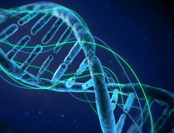 DNA strand is illuminated in light and wrapped in laser light.