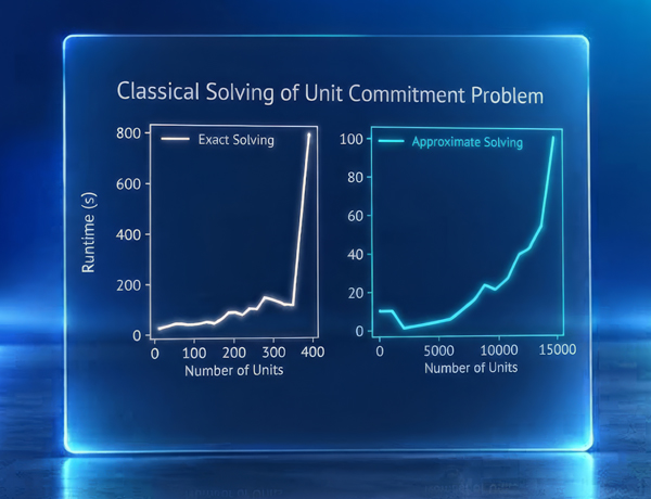 Two line charts showing Classical Solving of the Unit Commitment problem, with graphs for exact solving and approximate solving.