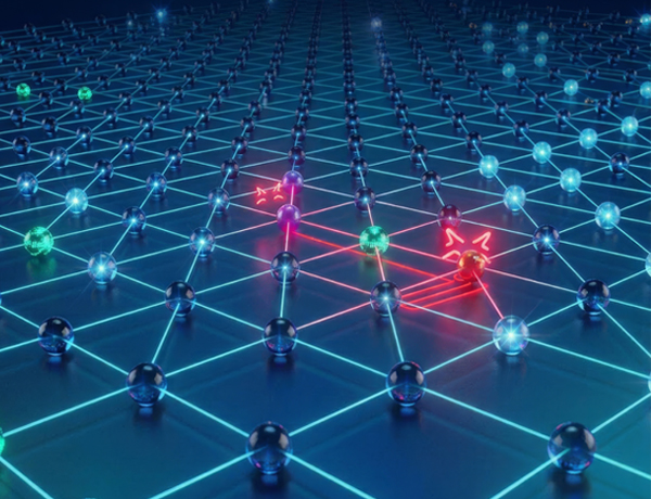 Atoms arranged in a grid with some illuminated in red to represent error correction.
