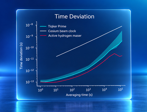 A line graph titled Time Deviation where the x axis is Averaging time and the Y axis is Time deviation, showing precise, accurate time for Tiqker over time.