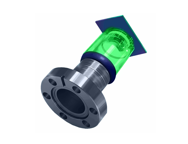 A neutral atom quantum core is illuminated by laser light in a conceptual PIC-based design.