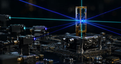 Atoms are trapped by lasers in a glass cell for quantum physics experimentation.