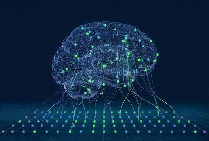 A quantum array connects qubits to a brain diagram with fluid connecting lines.