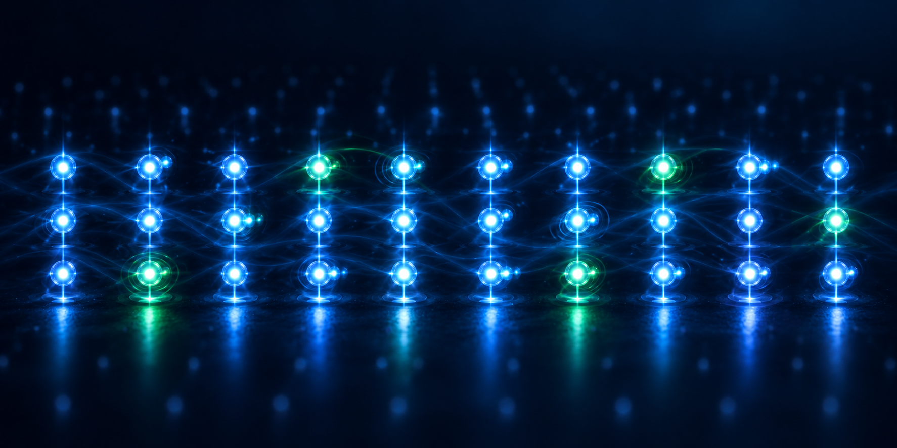 Physical qubits arranged in a 10x3 grid