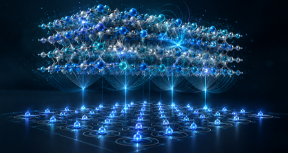 Quantum-simulated molecular model on dark navy background