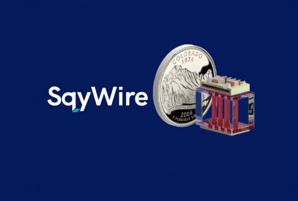 Infleqtion quantum RF Sqywire logo next to quantum cell device